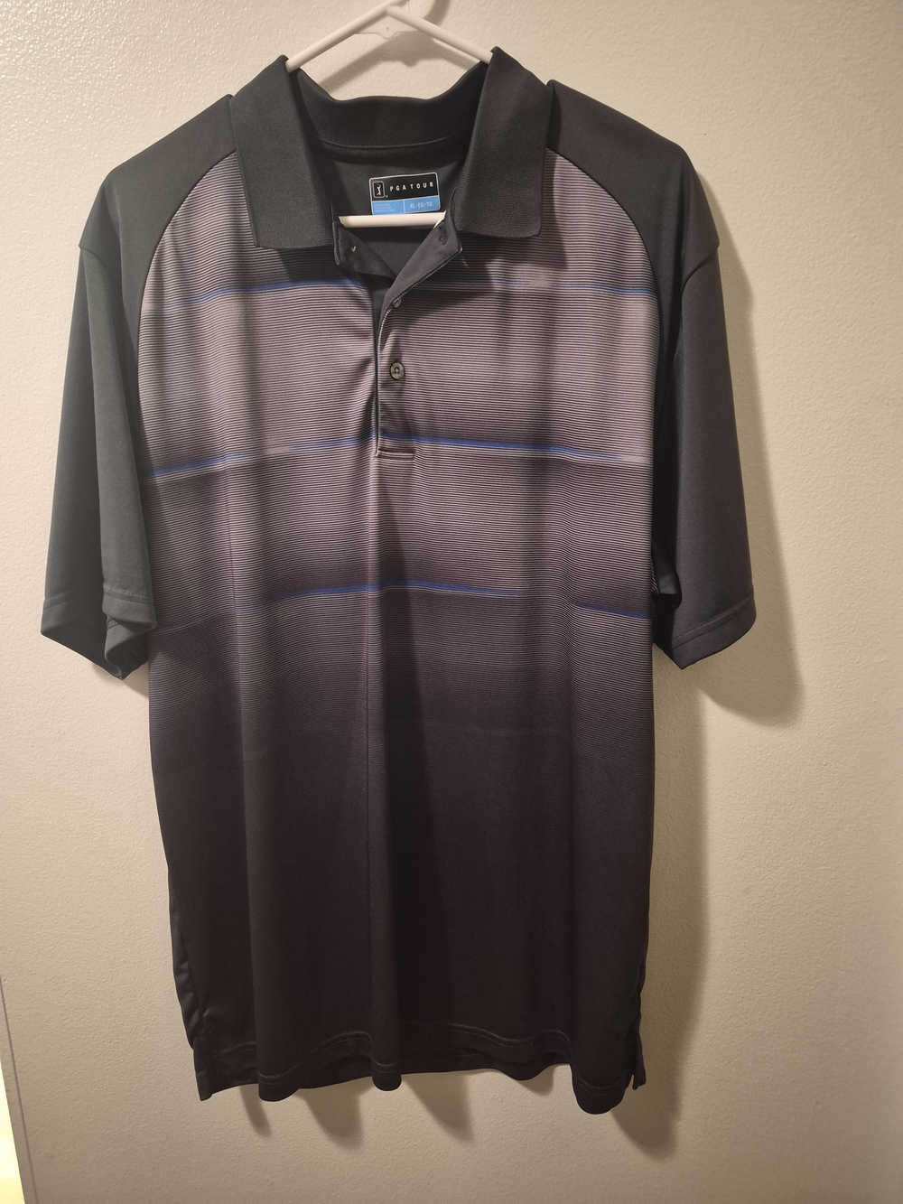 PGA Tour Men's Black & Gray Gradient Polo with Subtle Blue Stripes